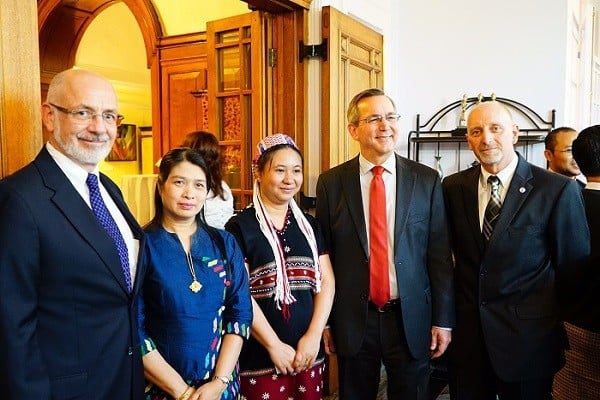 Yi Yi Cho (second from left) and Naw Ei Ei Min (center) with Ambassador Scot Marciel, U.S. Ambassador to Burma and U.S. government officials at the Women of Change Award event on March 16th, 2017 in Yangon, Myanmar (Photo: U.S. Embassy to Burma)
